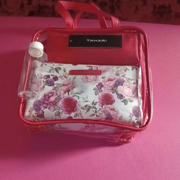 TAHARI, red/floweral travel bag, liquid tube, clear bag that holds them all. - Picture 4 of 5